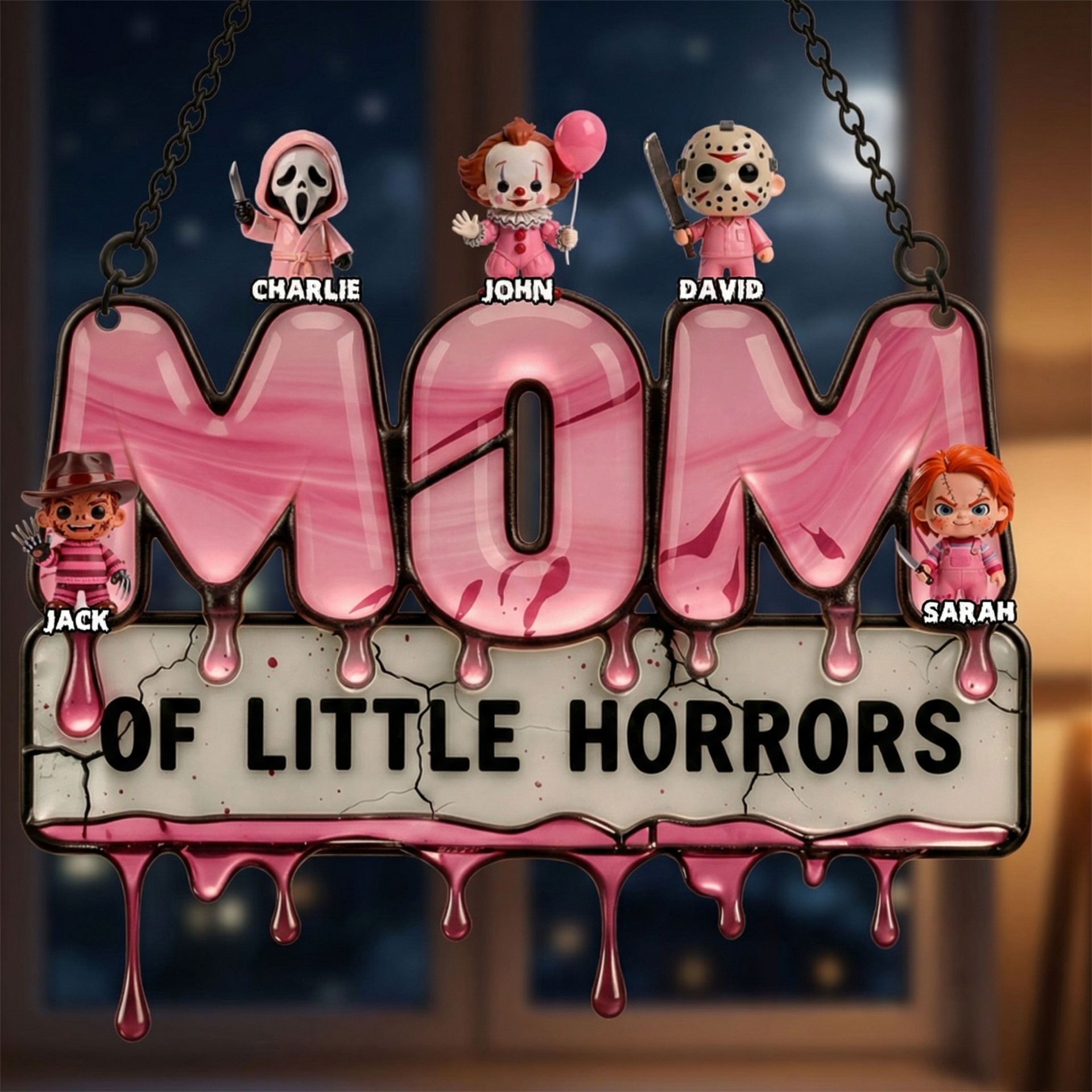 Personalized Mom Suncatcher with Kids Names – Horror Theme Family Gift