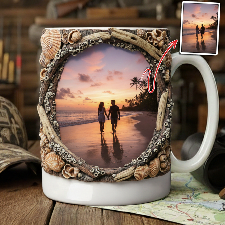 Personalized 3D Beach Seashell Frame Photo Mug - Couple Gift
