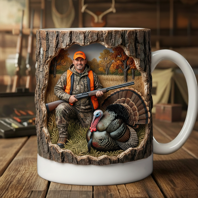 Custom 3D Turkey Hunting Photo Mug - Rustic Wood Carved Gift