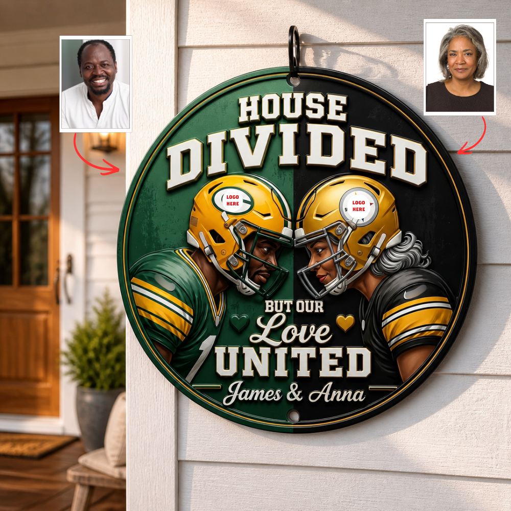 Custom Photo "House Divided" Football Door Sign - Personalized Gridiron Rivalry Couple Hanger