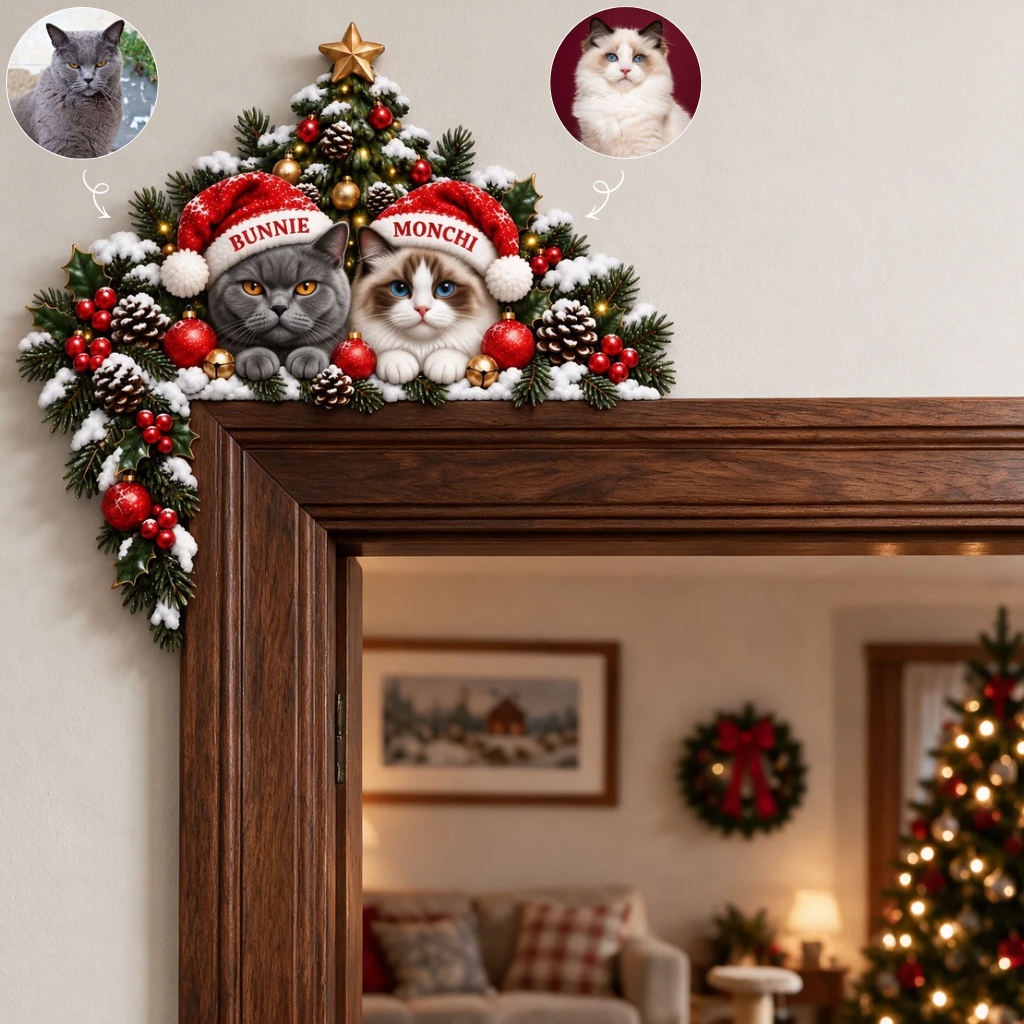 Custom Cat Door Corner Decor With Photo and Name, Personalized Christmas Pet Wall Decoration, Gift for Cat Lovers and Pet Owners hn12102026