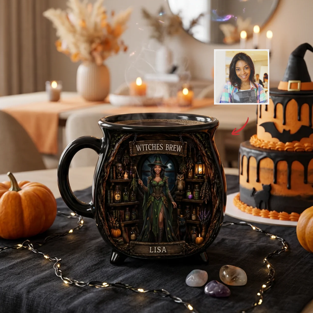 Custom Photo Name Witch Mug, Personalized Magic Cauldron Cup, Gift for Witch Lovers