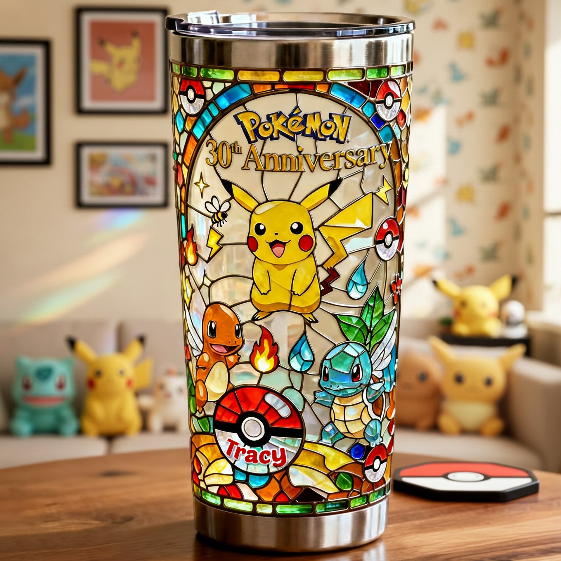Personalized Pokémon Fan Lover Stainless Steel Tumbler – Custom Name Gift