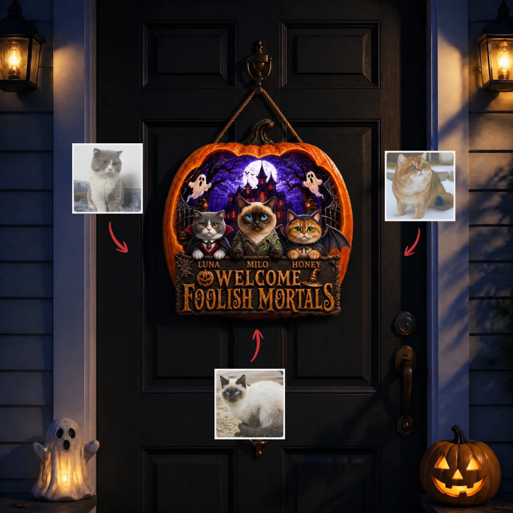 Custom Photo Name Halloween Door Hanger, Personalized Pet Door Hanger, Gift for Cat Lovers