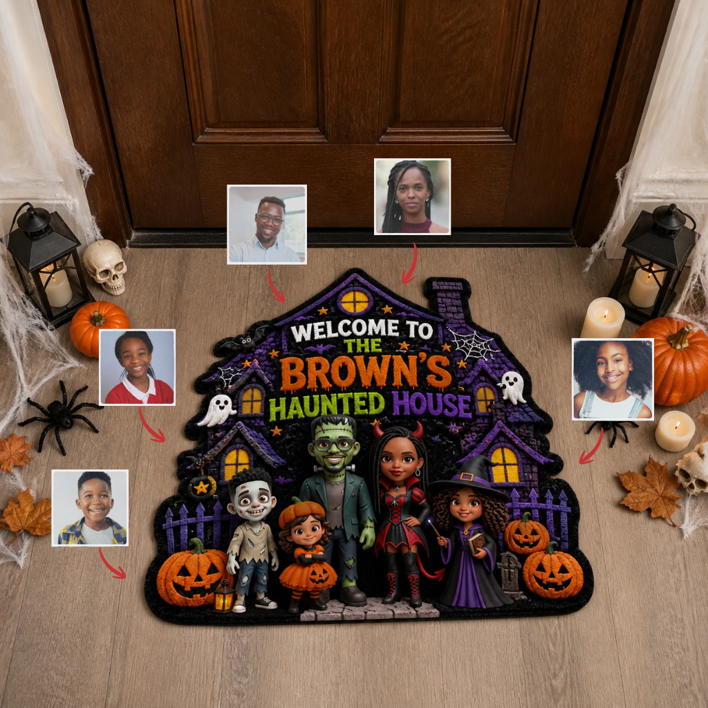 Custom Family Photo Halloween Rug, Personalized Haunted House Welcome Mat, Spooky Gift for Families hn03082026