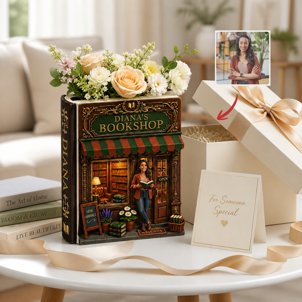 Custom Photo Name Book Vase, Personalized Book Lover Gift, Reader Desk Decor