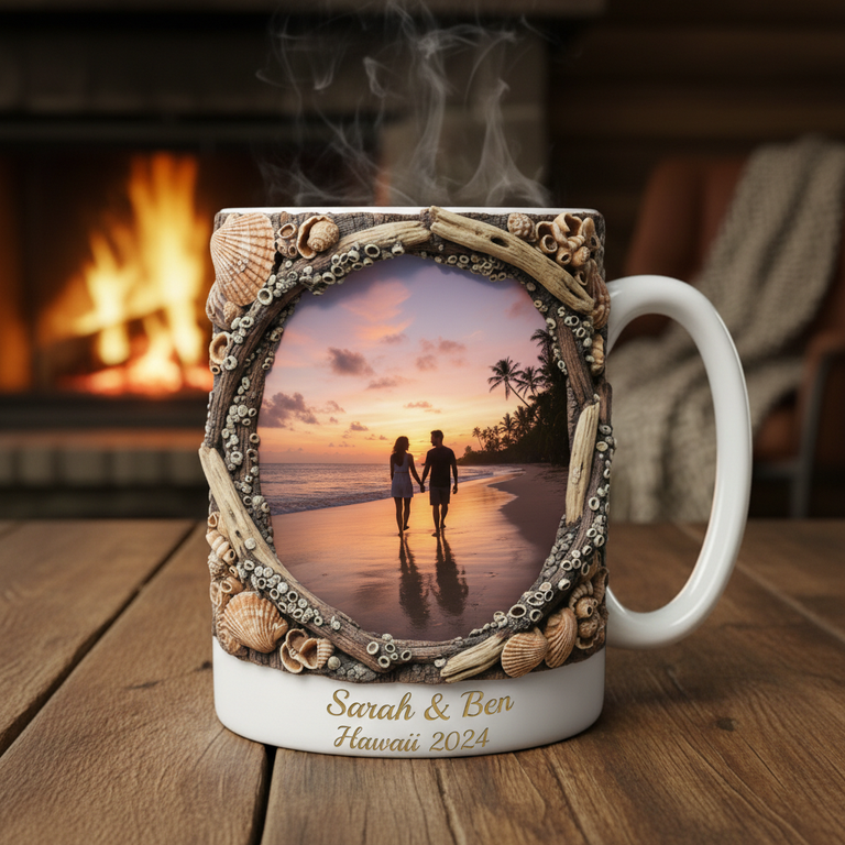 Personalized 3D Beach Seashell Frame Photo Mug - Couple Gift