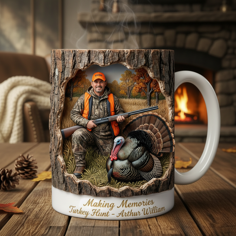 Custom 3D Turkey Hunting Photo Mug - Rustic Wood Carved Gift
