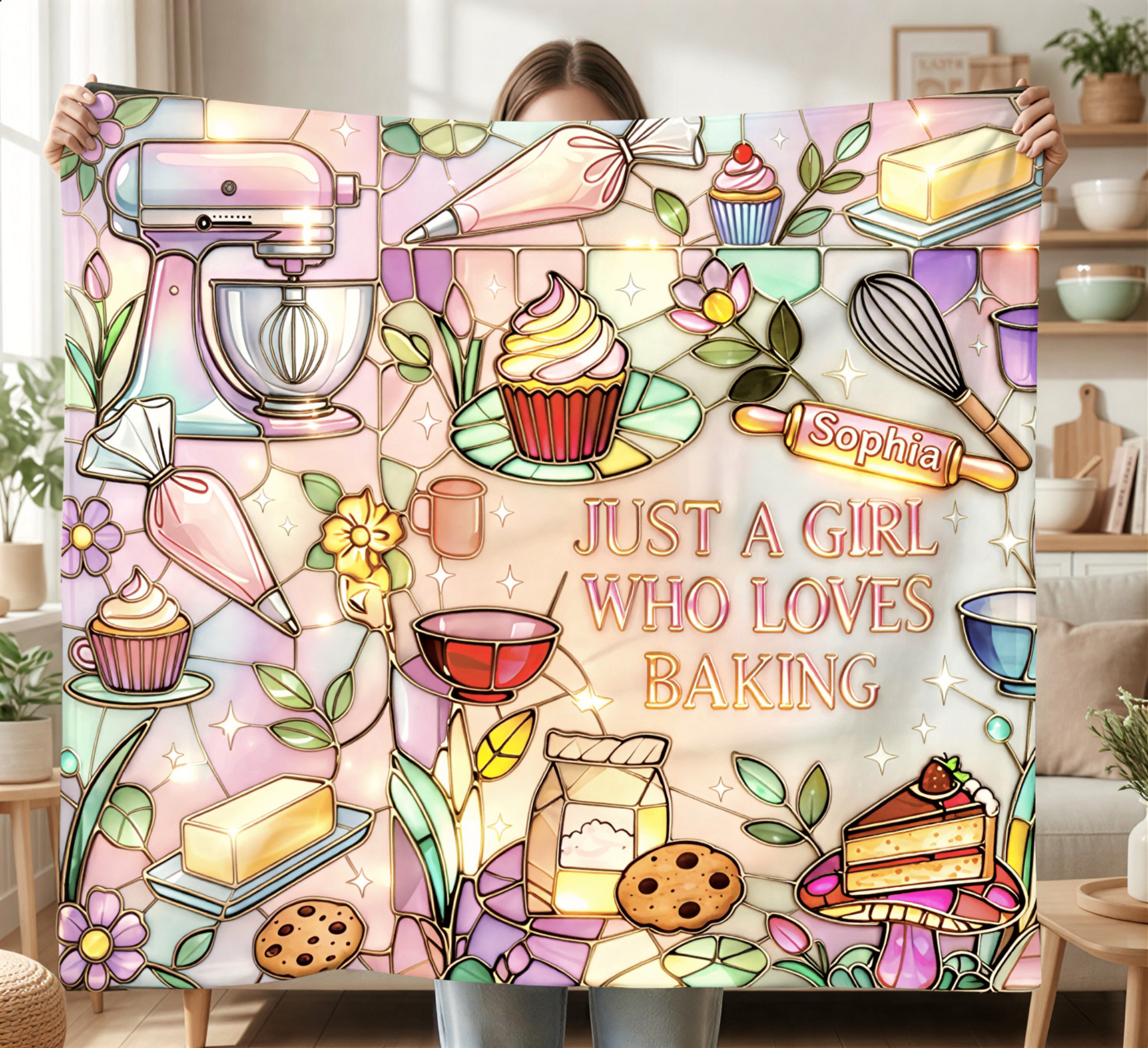 Personalized Baking Blanket with Name – Stained Glass Baker Gift, Cozy Blanket for Baking Lovers