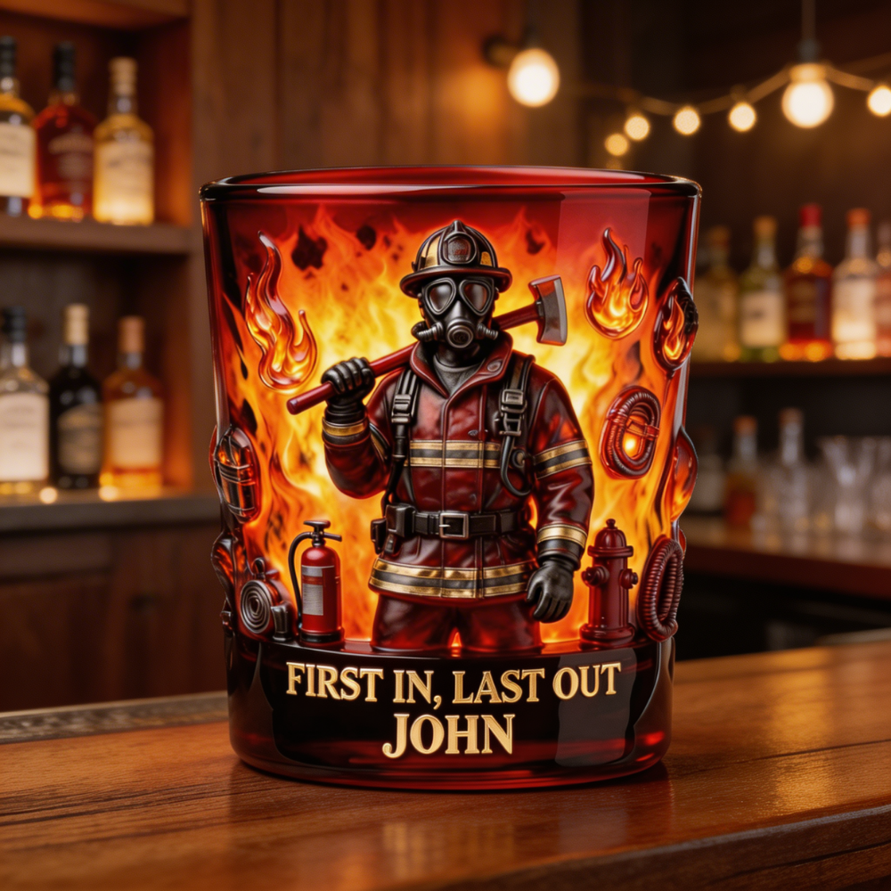 Personalized Firefighter Whiskey Glass – Custom Name “First In Last Out” Gift