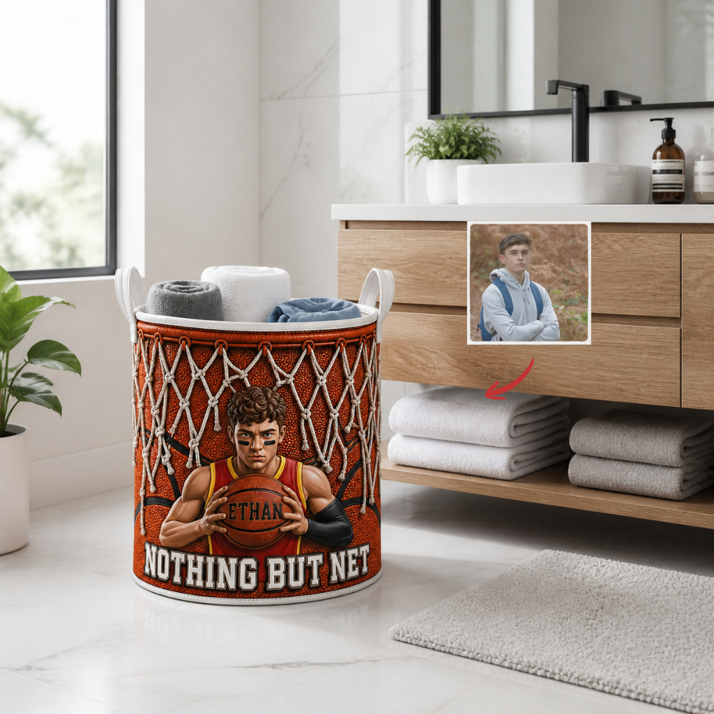 Custom Photo Name Basketball Laundry Basket, Personalized Sports Hamper, Gift for Basketball FansCustom Photo Name Basketball Laundry Basket, Personalized Sports Hamper, Gift for Basketball Fans hn17072026