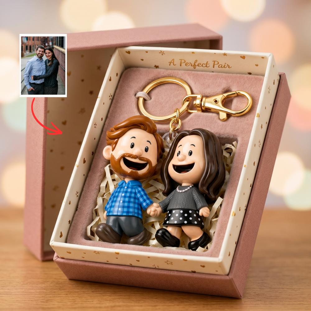 Custom Couple Keychain – Personalized Photo Keychain, Cute Couple Gift, Anniversary Gift for Boyfriend Girlfriend, Custom Cartoon Keychain
