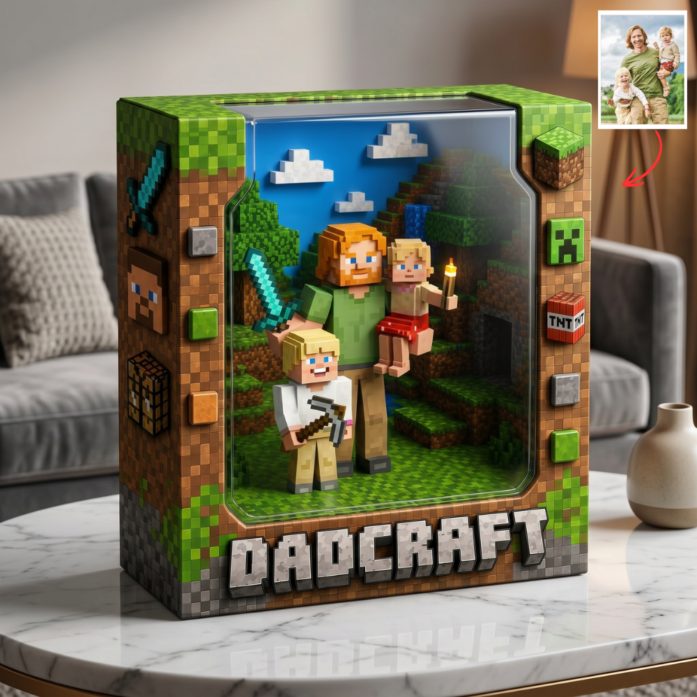 Custom Photo Plaque for Dad – Personalized Gaming Gift, Minecraft Style Father Gift, Custom Dad & Son Keepsake, Unique Birthday Gift for Dad