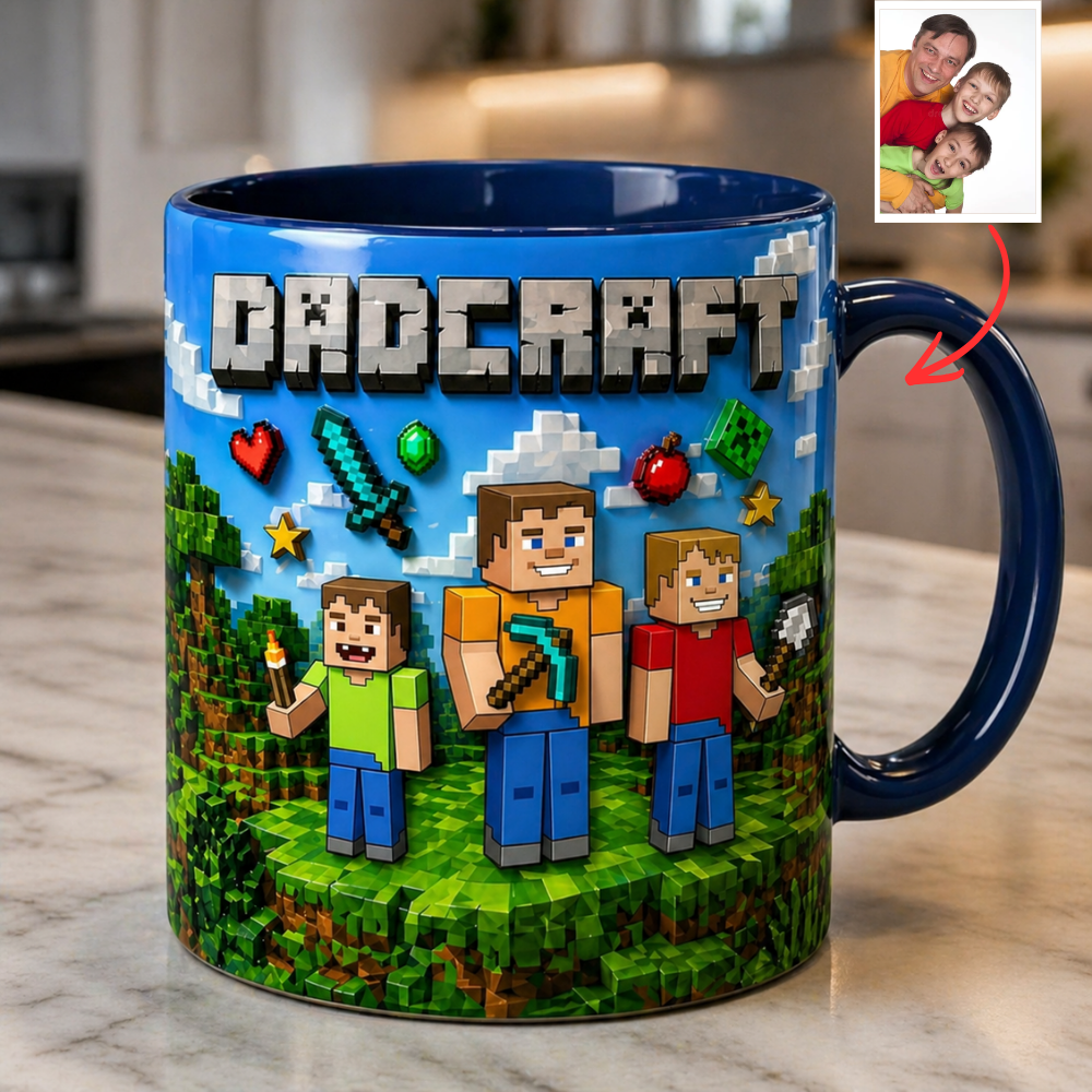 Custom Dad Mug Gaming Style – Personalized Photo Mug for Dad, Minecraft Style Gift, Father Son Mug, Birthday Gift for Gamer Dad