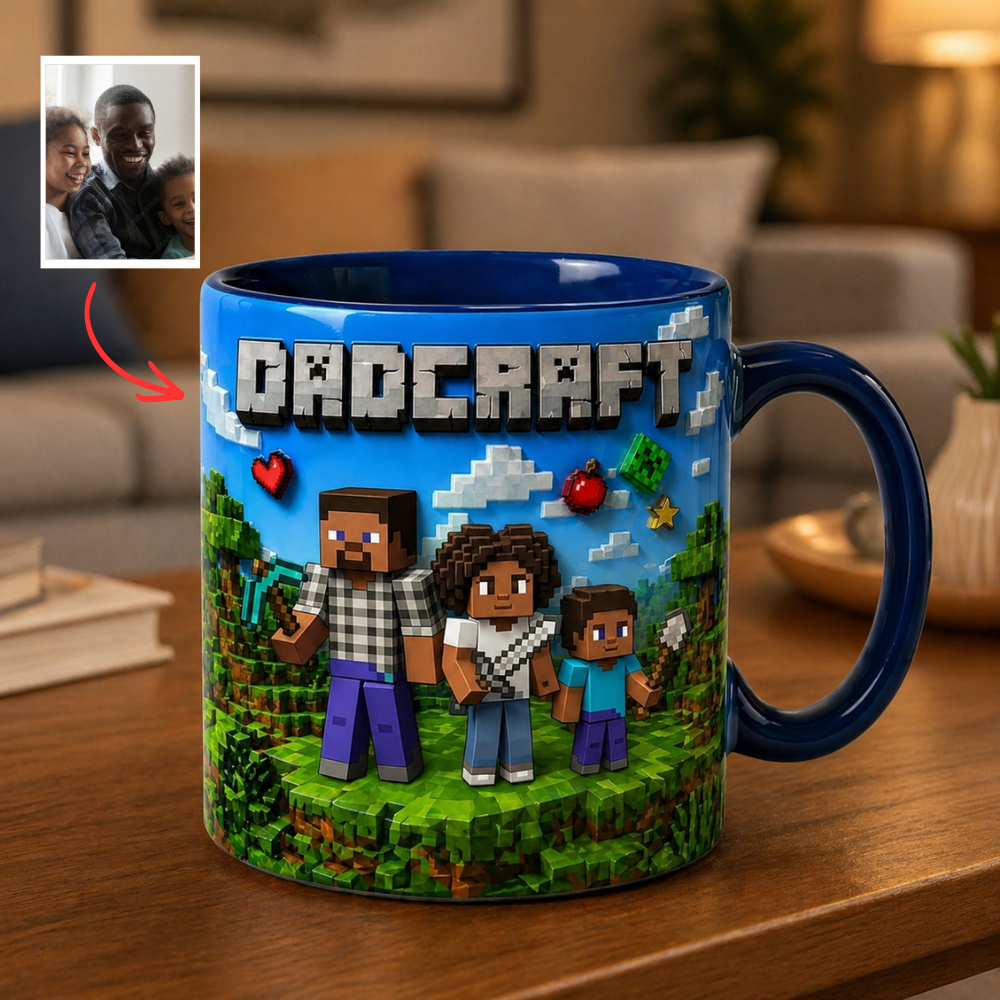 Custom Dad Mug Gaming Style – Personalized Photo Mug for Dad, Minecraft Style Gift, Father Son Mug, Birthday Gift for Gamer Dad