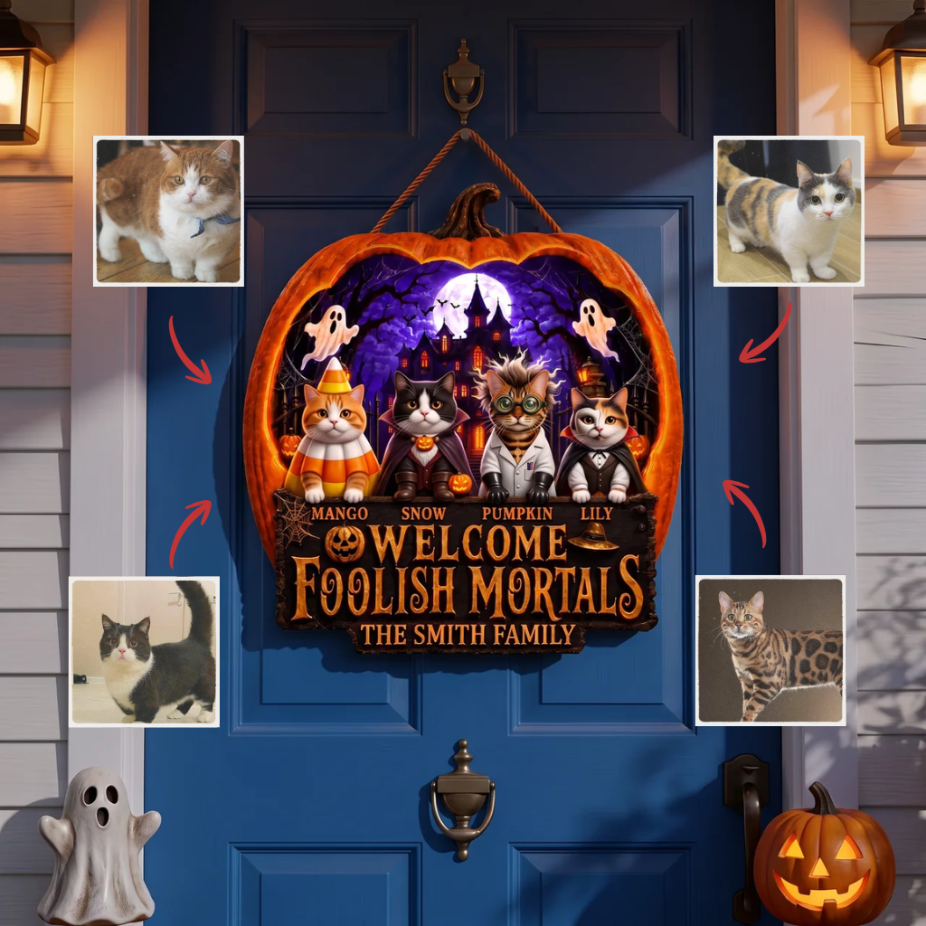 Custom Photo Name Halloween Door Hanger, Personalized Pet Door Hanger, Gift for Cat Lovers