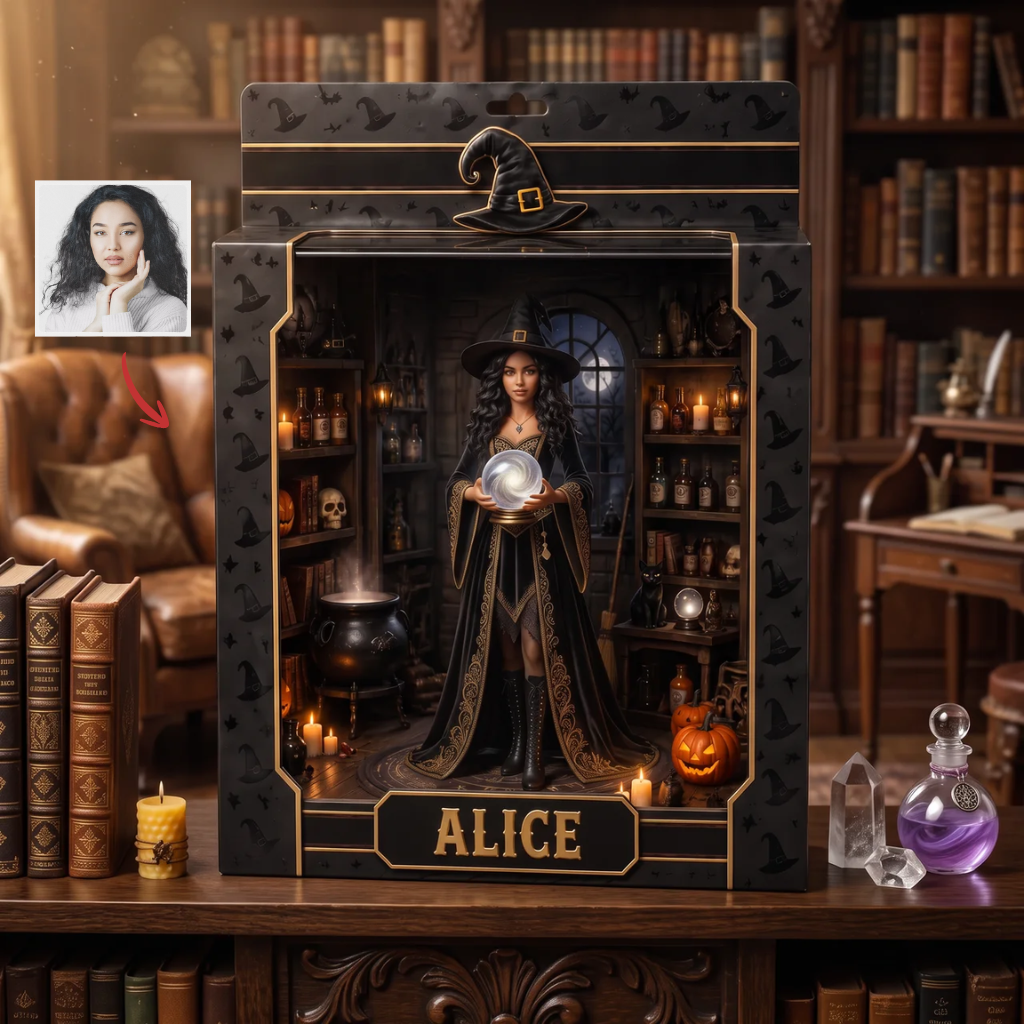 Custom Photo Name Witch Box Plaque, Personalized Magic Display, Gift for Witch Lovers hn18072026