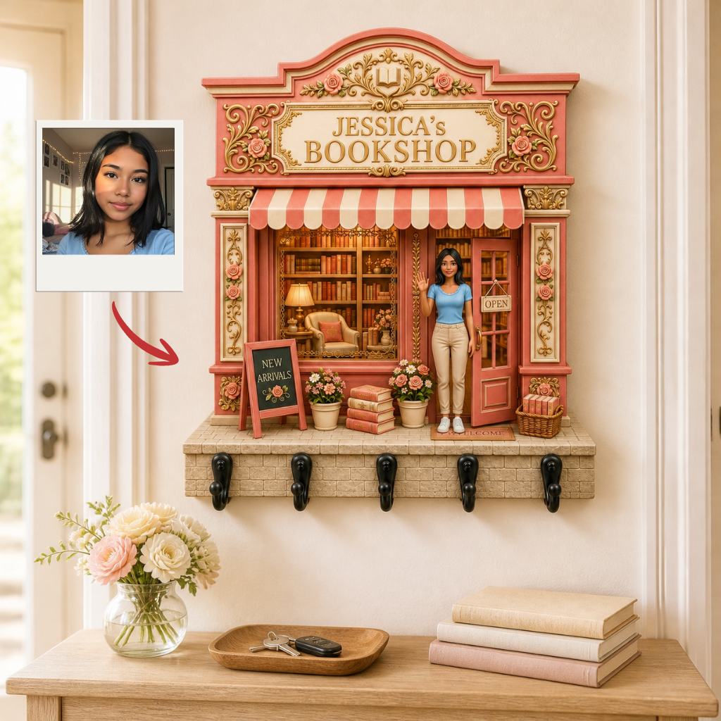 Custom Photo Name Key Hanger, Personalized Book Lover Gift, Bookshop Wall Key Holder hn14072026