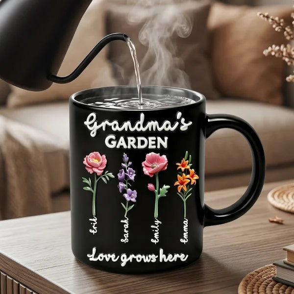 Personalized Grandma Garden Heat Changing Mug – Custom Name Flower Mug for Mom, Color Changing Coffee Mug, Gift for Grandma, Mother’s Day Gift