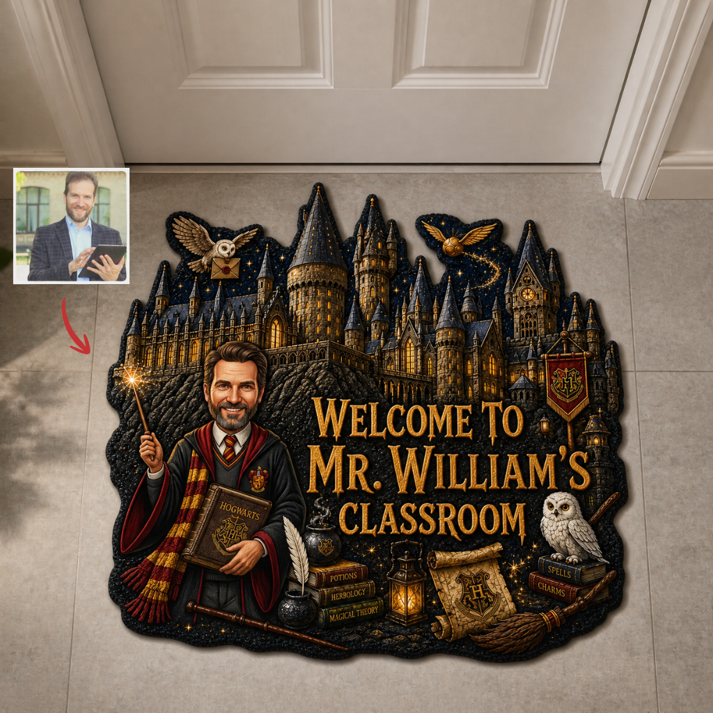 Custom Photo Name Wizard Doormat, Personalized Magic Classroom Mat, Gift for Fantasy Fans hn28072026