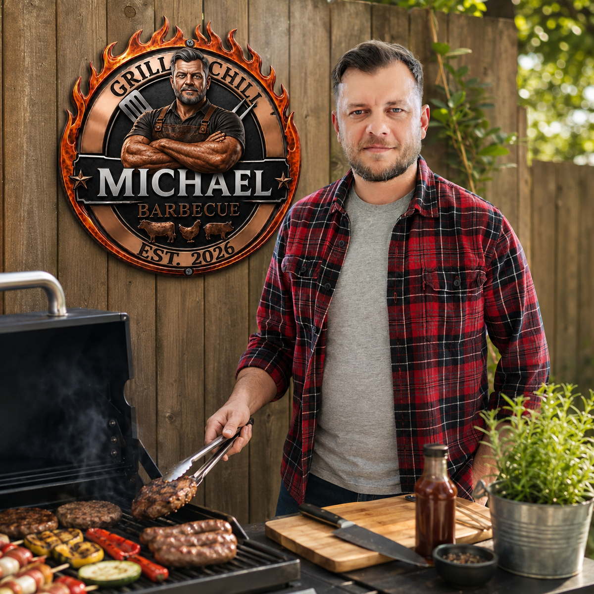 Custom Photo Name BBQ Metal Sign, Personalized Grill Wall Decor, Gift for Grill Masters and BBQ Lovers hn28082026