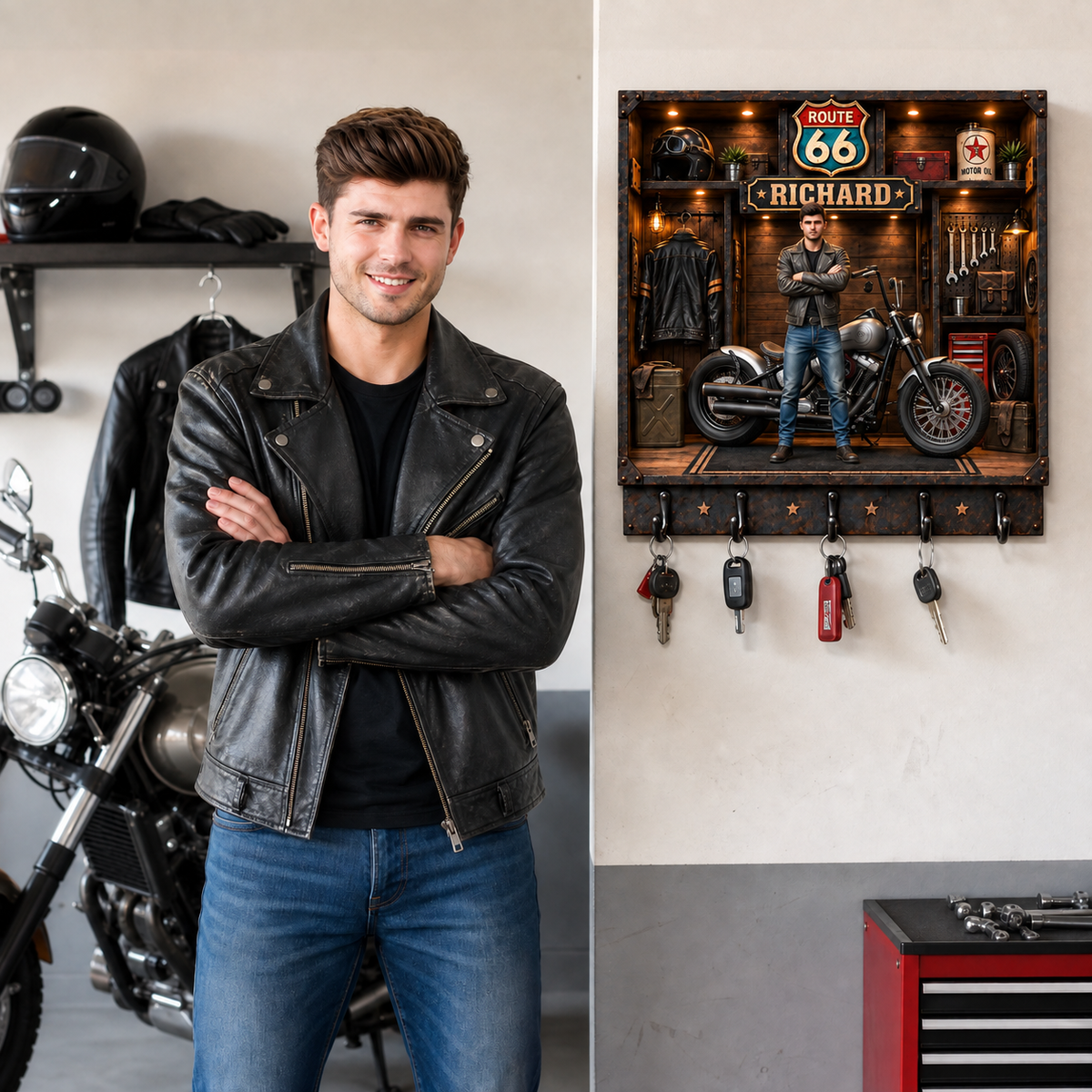 Custom Motorcycle Key Hanger With Photo and Name, Personalized Garage Wall Decor, Gift for Motorcycle Lovers and Riders hn16092026
