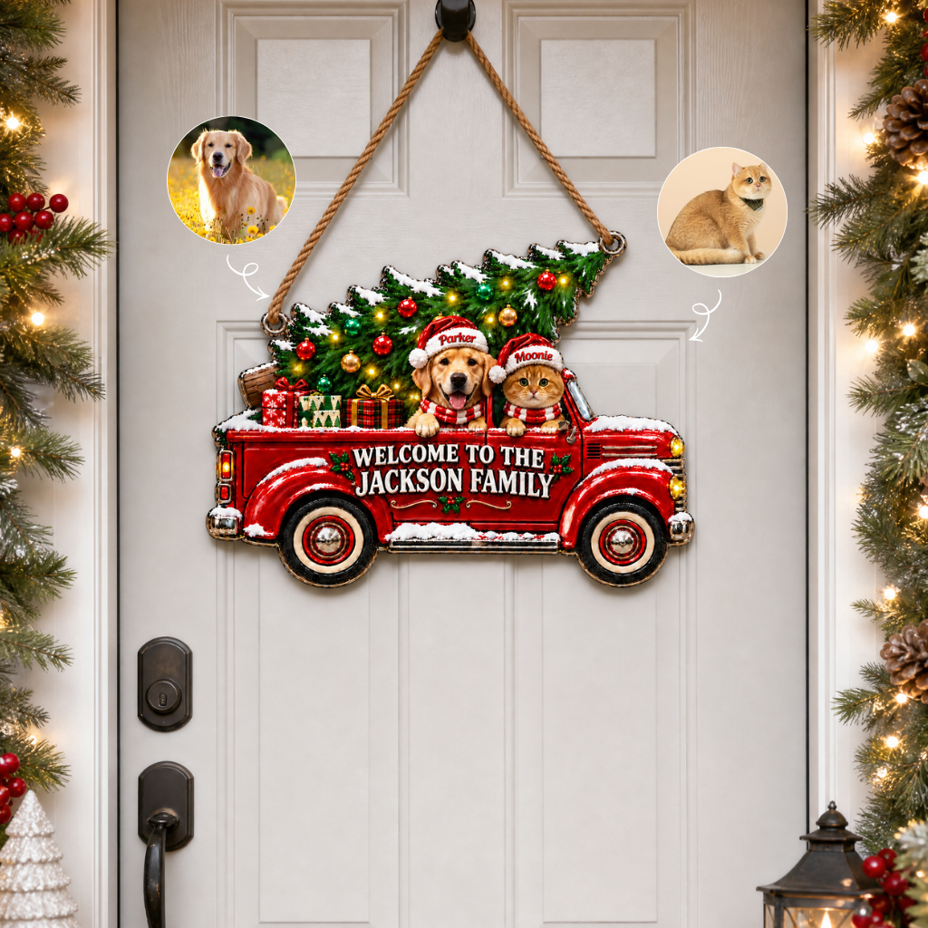 Custom Christmas Pet Family Door Hanger With Photo and Name, Personalized Holiday Door Decor, Gift for Pet Lovers and Families hn17092026