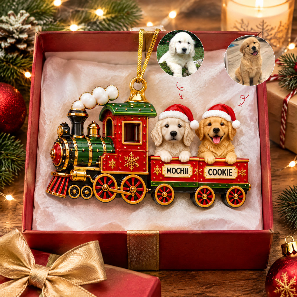 Custom Christmas Pet Train Ornament With Dog Photo and Name, Personalized Holiday Tree Decoration, Gift for Pet Lovers and Dog Owners hn30092026