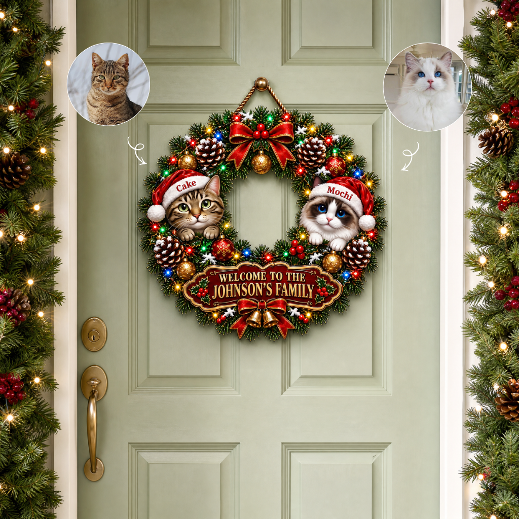 Custom Cat Christmas Door Hanger With Photo and Name, Personalized Holiday Wreath Decor, Gift for Cat Lovers and Pet Parents hn23092026