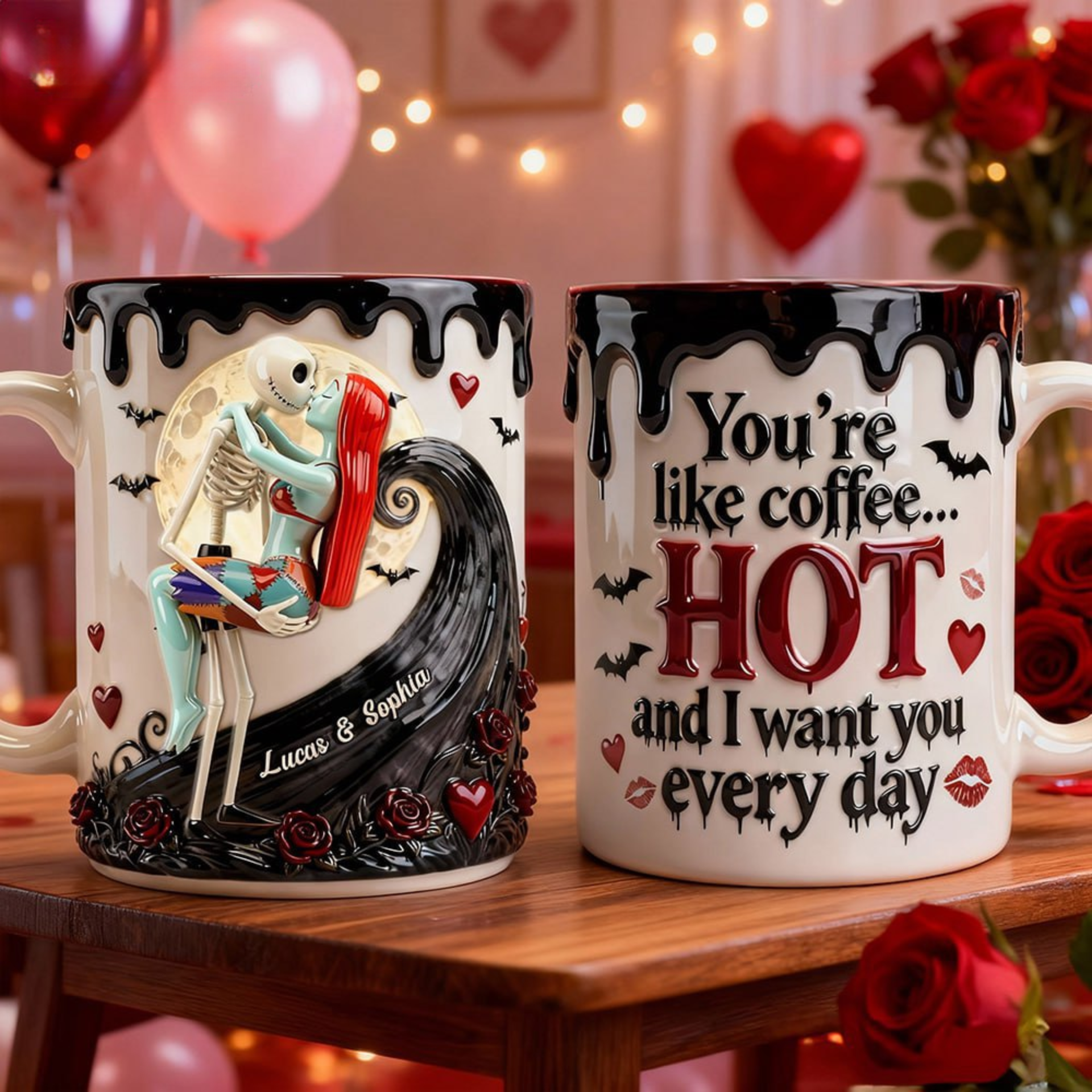 Personalized Gothic Love Coffee Mug, Custom 3D Couple Mug With Names — A Spooky Romantic Keepsake