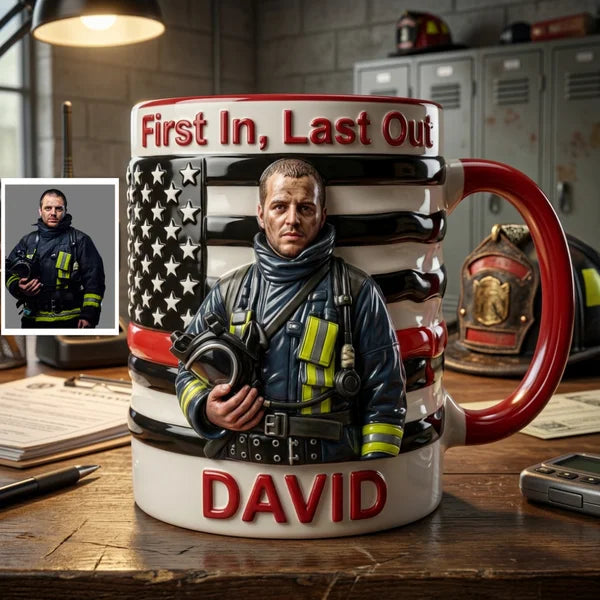 Personalized Firefighter Mug – Custom Photo Coffee Mug for Fireman, First In Last Out Mug, Gift for Firefighter, Custom Name Mug