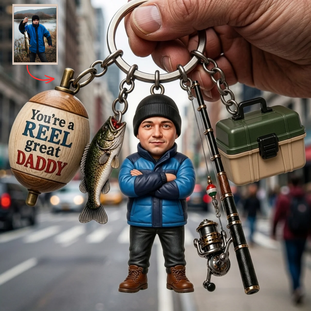 Custom Photo Fishing Keychain for Dad, Personalized Reel Great Daddy Keychain, Fishing Dad Gift, Father’s Day Gift, Birthday Gift for Dad