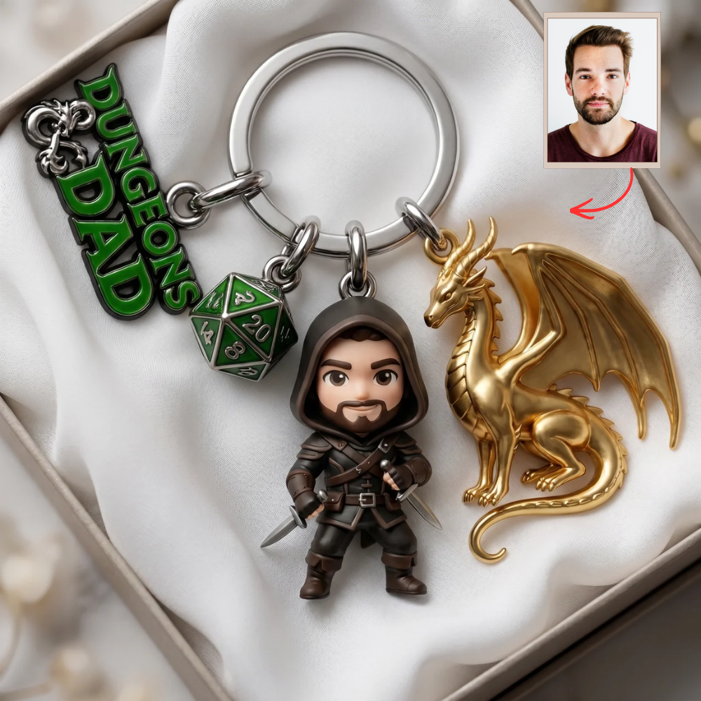 Custom Photo Keychain for Dad, Personalized Fantasy Dad Keychain, DnD Style Dad Gift, Dungeon Dad Keychain, RPG Dad Gift