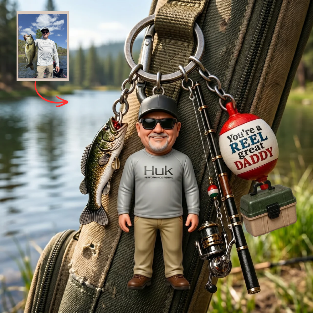 Custom Photo Fishing Keychain for Dad, Personalized Reel Great Daddy Keychain, Fishing Dad Gift, Father’s Day Gift, Birthday Gift for Dad