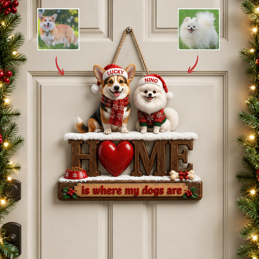 Custom Photo Name Christmas Door Hanger, Personalized Dog Front Door Decor, Gift for Pet Lovers hn21082026