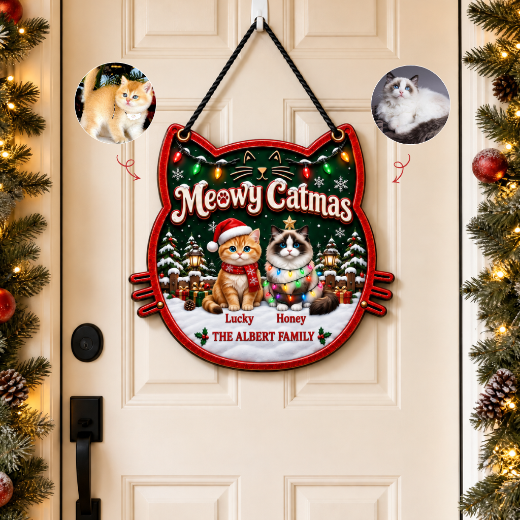 Custom Christmas Cat Door Hanger With Photo and Name, Personalized Holiday Pet Decor, Gift for Cat Lovers and Pet Parents hn14092026