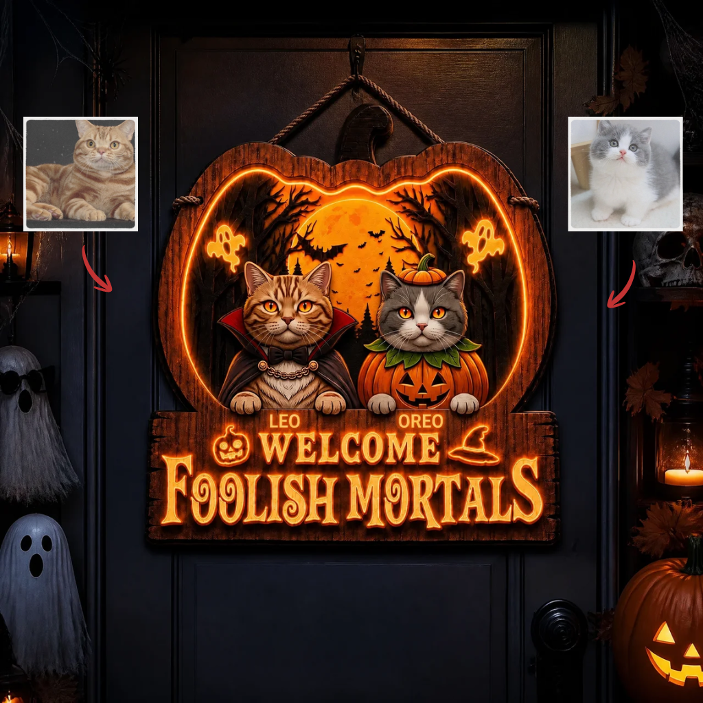 Custom Photo Name Cat Door Hanger, Personalized Glow Halloween Pet Sign, Gift for Pet Lovers hn03082026