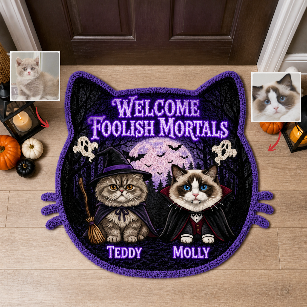 Custom Cat Photo Name Rug, Personalized Halloween Pet Area Rug, Gift for Cat Lovers hn07082026
