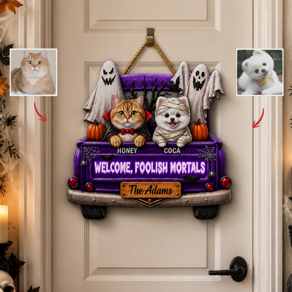 Custom Photo Name Pet Halloween Door Hanger, Personalized Dog & Cat Front Door Decor, Gift for Pet Lovers hn18082026