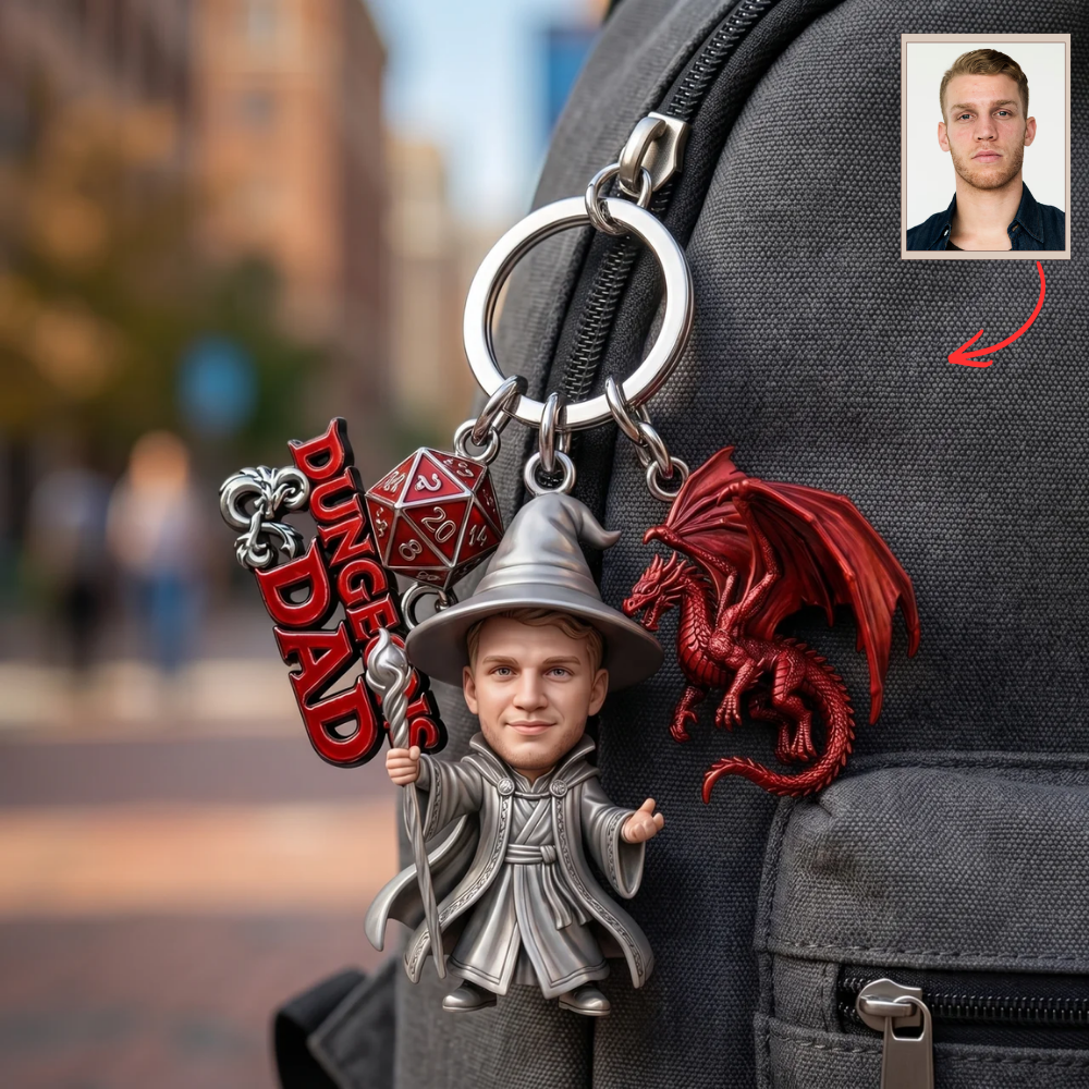 Custom Photo Keychain for Dad, Personalized Fantasy Dad Keychain, DnD Style Dad Gift, Dungeon Dad Keychain, RPG Dad Gift