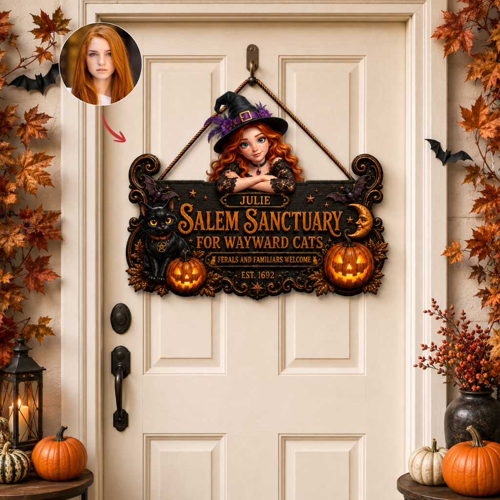 Custom Photo Name Witch Door Hanger, Personalized Halloween Front Door Decor, Gift for Witch Lovers hn25082026