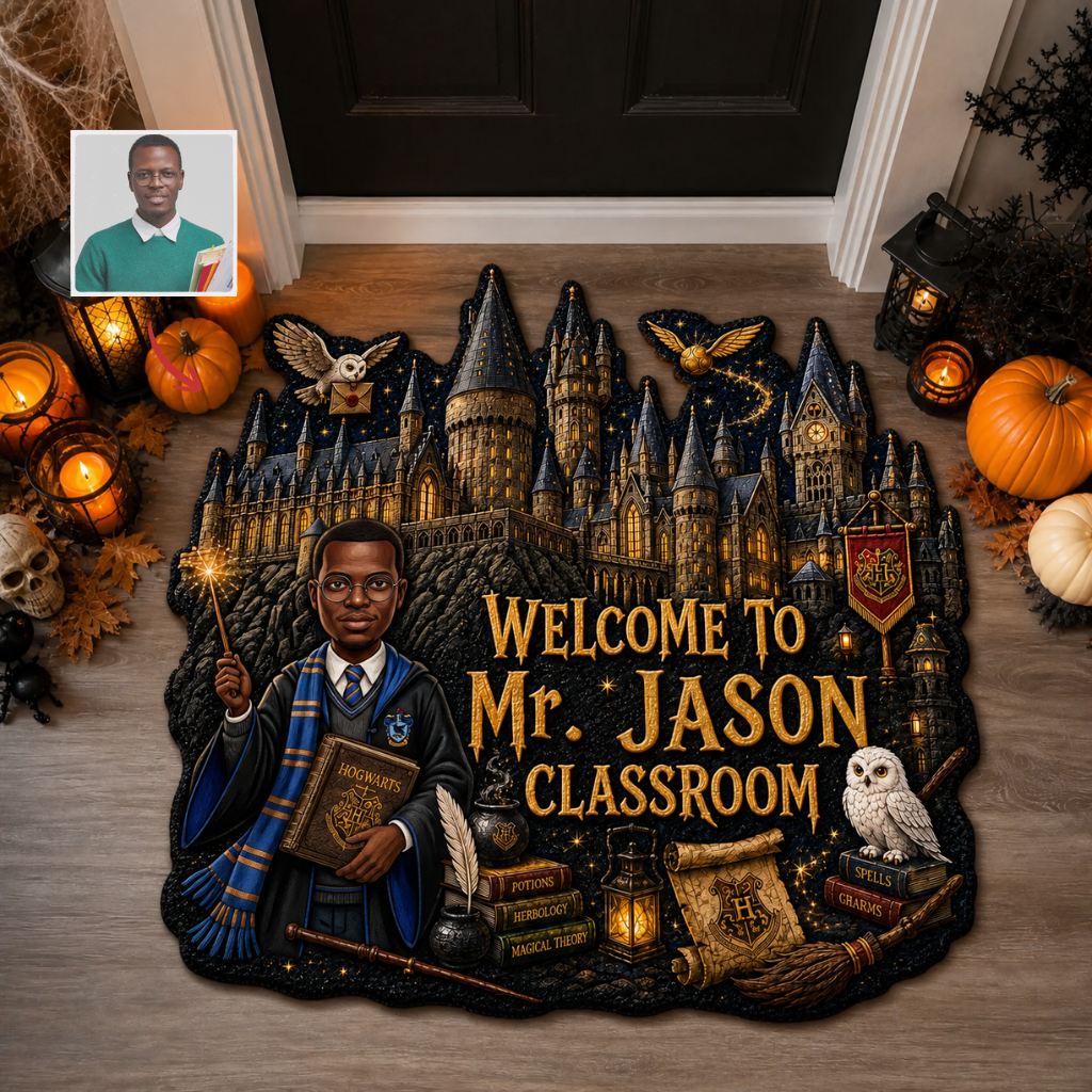 Custom Photo Name Wizard Doormat, Personalized Magic Classroom Mat, Gift for Fantasy Fans hn28072026