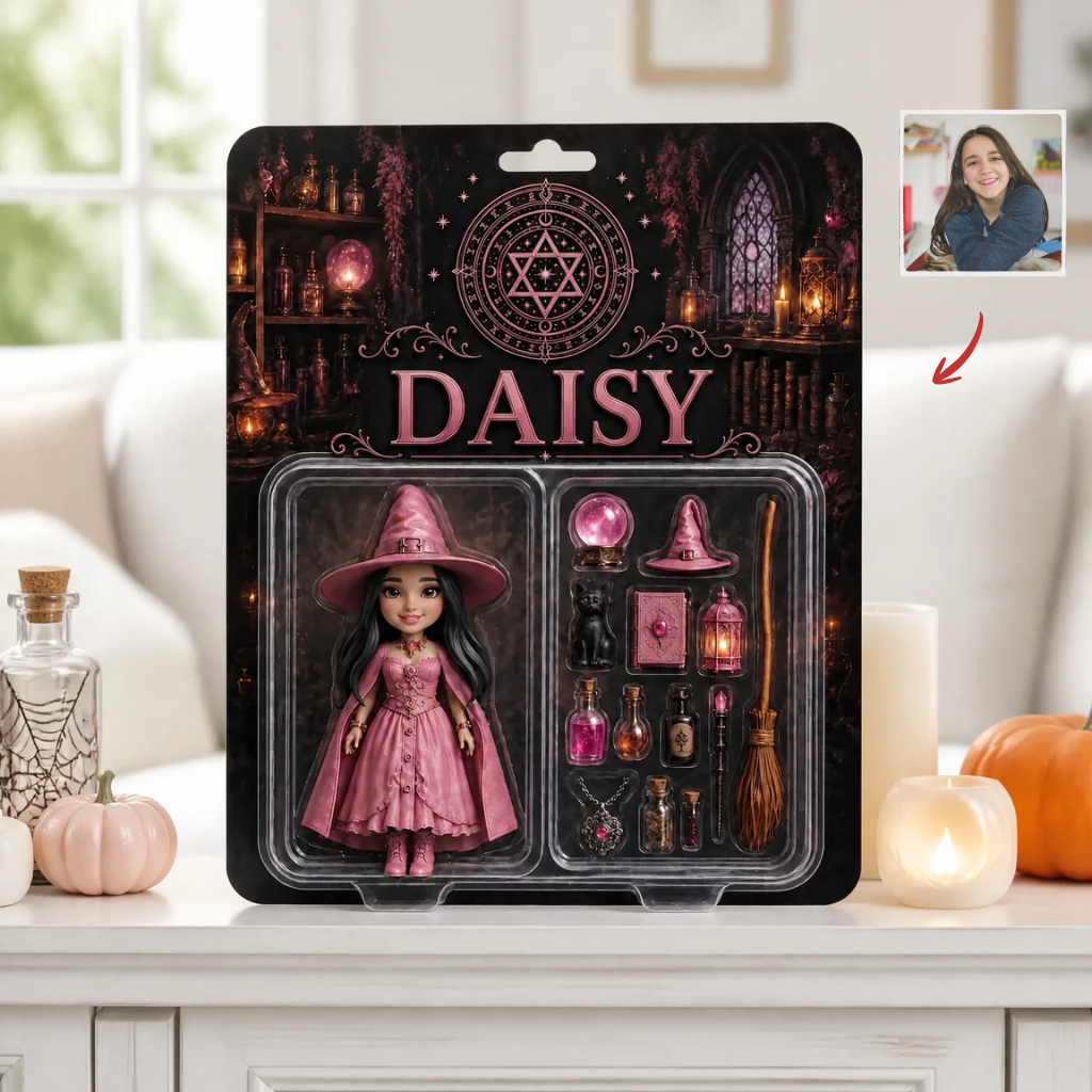 Custom Photo Name Witch Plaque, Personalized Halloween Collectible Gift, Magic Doll Display for Witch Fans hn28072026