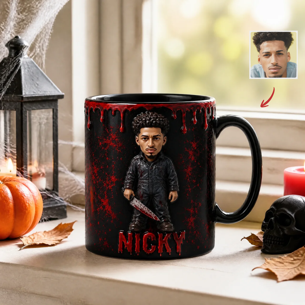 Custom Photo Name Horror Mug, Personalized Spooky Coffee Cup, Halloween Gift for Horror Fans hn29072026