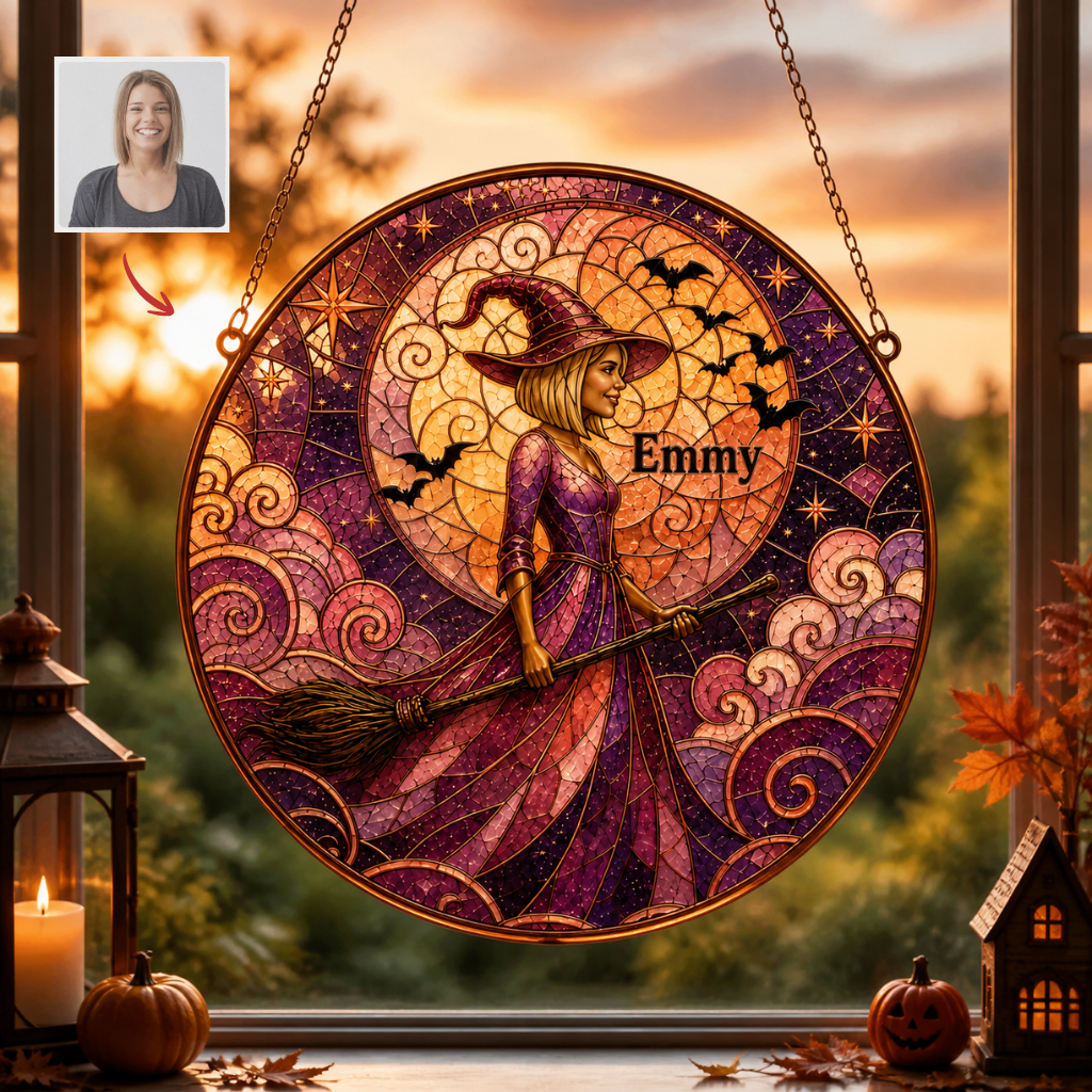 Custom Photo Name Witch Suncatcher, Personalized Halloween Window Decor, Gift for Witch Fans hn04082026