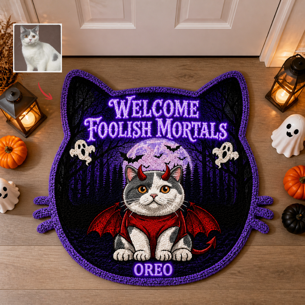 Custom Cat Photo Name Rug, Personalized Halloween Pet Area Rug, Gift for Cat Lovers hn07082026