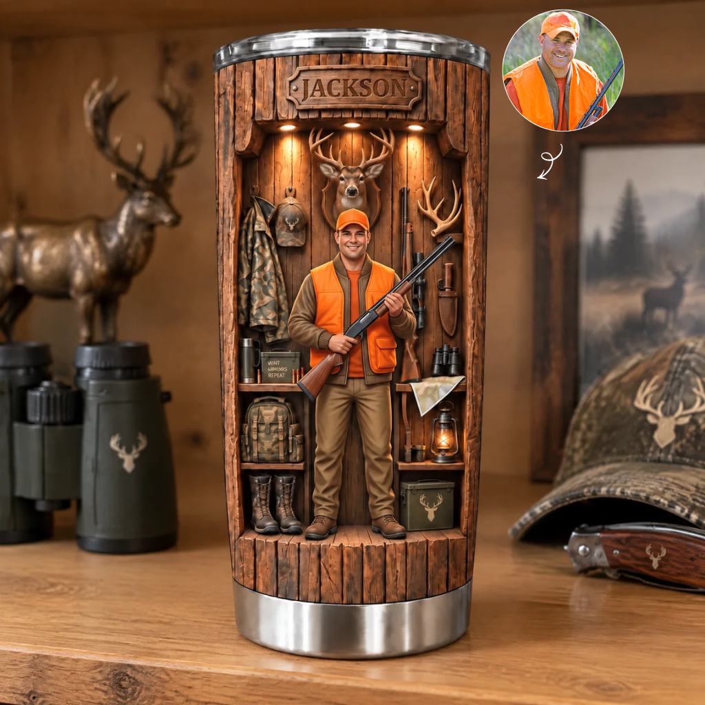 Custom Hunting Tumbler With Photo and Name, Personalized Hunter Travel Cup, Gift for Hunters, Outdoorsmen and Hunting Lovers hn08102026