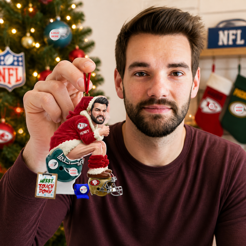 Custom Photo Name Football Christmas Ornament, Personalized Sports Tree Decoration, Gift for Football Fans