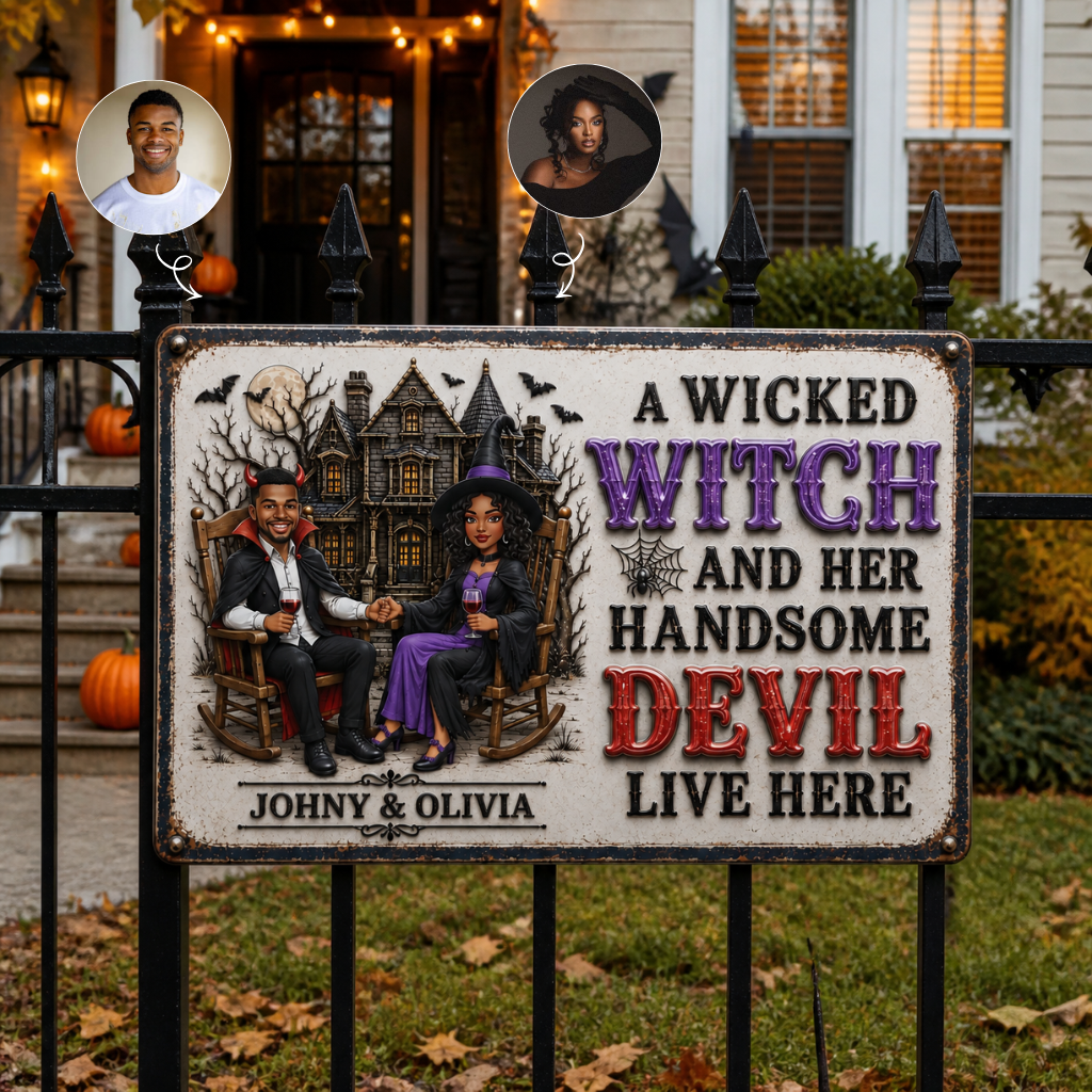 Custom Photo Name Devil and Witch Couple Metal Sign, Personalized Halloween Love Wall Decor, Gift for Couples hn27082026