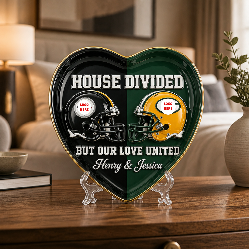 Custom Name "House Divided" Football Plate - Personalized Gridiron Rivalry Couple Heart Keepsake